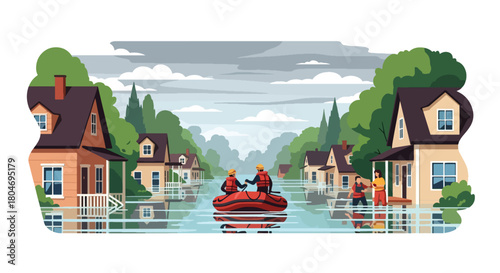 Flat vector flooded neighborhood with rescue teams helping residents by boat. Ideal for flood awareness campaigns, emergency response guides, weather alerts, and safety materials