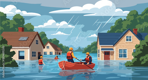 Flat vector flooded neighborhood with rescue teams helping residents by boat. Ideal for flood awareness campaigns, emergency response guides, weather alerts, and safety materials