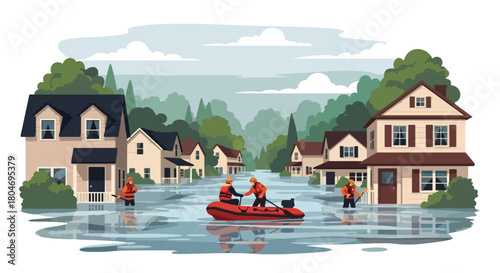 Flat vector flooded neighborhood with rescue teams helping residents by boat. Ideal for flood awareness campaigns, emergency response guides, weather alerts, and safety materials