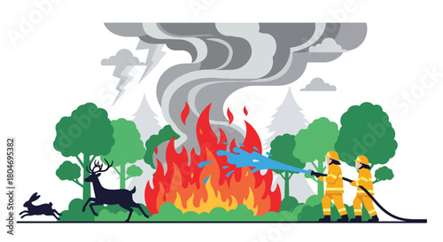 Flat vector forest wildfire with flames, smoke, and firefighters battling the blaze. Ideal for climate change visuals, safety training, wildfire awareness, and environmental education