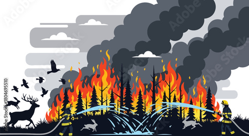 Flat vector forest wildfire with flames, smoke, and firefighters battling the blaze. Ideal for climate change visuals, safety training, wildfire awareness, and environmental education