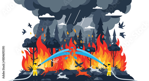 Flat vector forest wildfire with flames, smoke, and firefighters battling the blaze. Ideal for climate change visuals, safety training, wildfire awareness, and environmental education