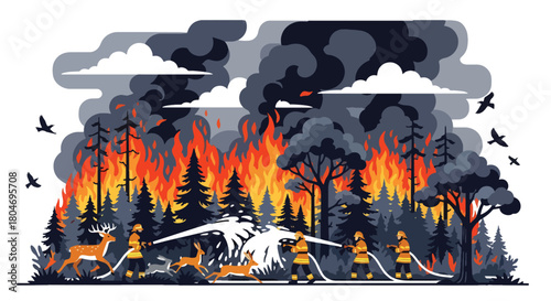 Flat vector forest wildfire with flames, smoke, and firefighters battling the blaze. Ideal for climate change visuals, safety training, wildfire awareness, and environmental education