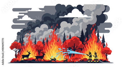 Flat vector forest wildfire with flames, smoke, and firefighters battling the blaze. Ideal for climate change visuals, safety training, wildfire awareness, and environmental education