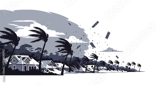 Flat vector hurricane striking coastal homes with strong winds and debris. Ideal for weather alerts, disaster prevention guides, preparedness training, and educational materials