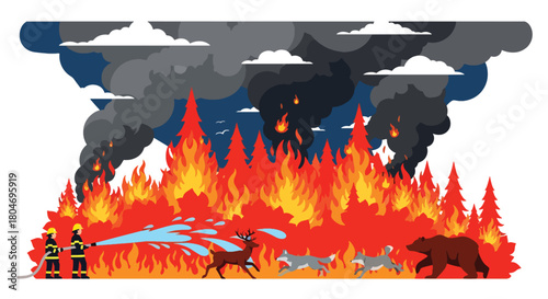 Flat vector forest wildfire with flames, smoke, and firefighters battling the blaze. Ideal for climate change visuals, safety training, wildfire awareness, and environmental education