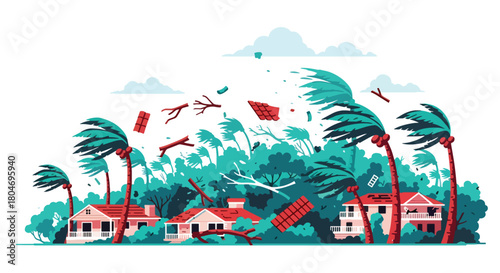 Flat vector hurricane striking coastal homes with strong winds and debris. Ideal for weather alerts, disaster prevention guides, preparedness training, and educational materials