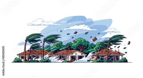 Flat vector hurricane striking coastal homes with strong winds and debris. Ideal for weather alerts, disaster prevention guides, preparedness training, and educational materials