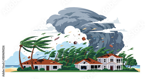 Flat vector hurricane striking coastal homes with strong winds and debris. Ideal for weather alerts, disaster prevention guides, preparedness training, and educational materials