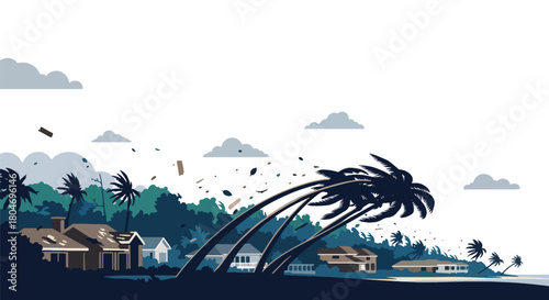 Flat vector hurricane striking coastal homes with strong winds and debris. Ideal for weather alerts, disaster prevention guides, preparedness training, and educational materials