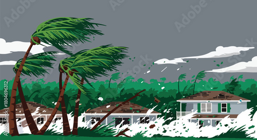 Flat vector hurricane striking coastal homes with strong winds and debris. Ideal for weather alerts, disaster prevention guides, preparedness training, and educational materials