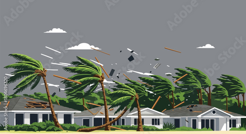 Flat vector hurricane striking coastal homes with strong winds and debris. Ideal for weather alerts, disaster prevention guides, preparedness training, and educational materials