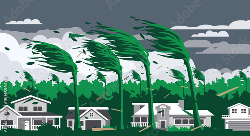 Flat vector hurricane striking coastal homes with strong winds and debris. Ideal for weather alerts, disaster prevention guides, preparedness training, and educational materials