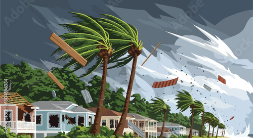 Flat vector hurricane striking coastal homes with strong winds and debris. Ideal for weather alerts, disaster prevention guides, preparedness training, and educational materials