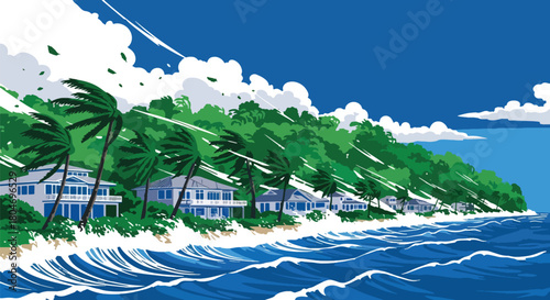 Flat vector hurricane striking coastal homes with strong winds and debris. Ideal for weather alerts, disaster prevention guides, preparedness training, and educational materials