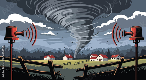 Flat vector tornado funnel heading toward a rural town with warning sirens activated. Ideal for meteorology graphics, disaster preparedness, emergency planning, and safety campaigns