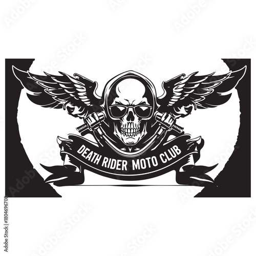 Black and White Skull Art with Wings, Handlebars, and Banner Emblem