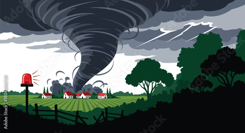 Flat vector tornado funnel heading toward a rural town with warning sirens activated. Ideal for meteorology graphics, disaster preparedness, emergency planning, and safety campaigns