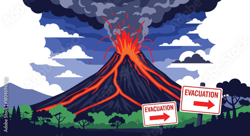 Flat vector volcano erupting with lava and ash clouds rising into the sky. Ideal for geology lessons, natural hazard education, emergency preparedness, and environmental content