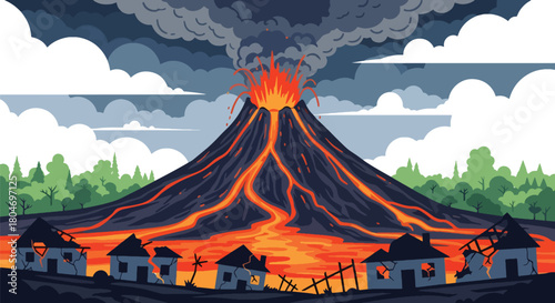 Flat vector volcano erupting with lava and ash clouds rising into the sky. Ideal for geology lessons, natural hazard education, emergency preparedness, and environmental content