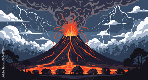 Flat vector volcano erupting with lava and ash clouds rising into the sky. Ideal for geology lessons, natural hazard education, emergency preparedness, and environmental content