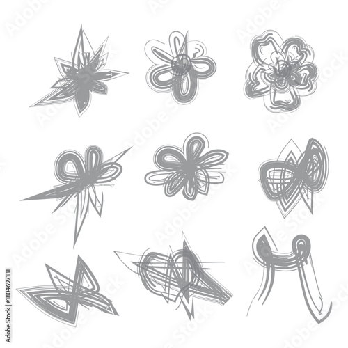 The image displays a collection of nine abstract, hand-drawn vector elements, best described as doodles or stylized symbols.