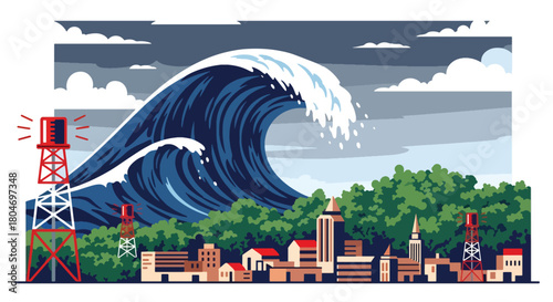 Flat vector giant tsunami wave approaching coastal town with alarm towers. Ideal for disaster education, shoreline safety guides, evacuation training, and environmental awareness