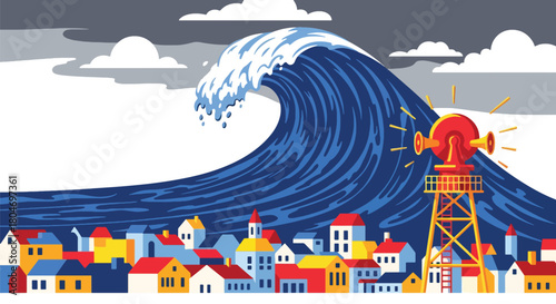 Flat vector giant tsunami wave approaching coastal town with alarm towers. Ideal for disaster education, shoreline safety guides, evacuation training, and environmental awareness