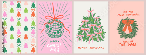 Christmas greeting cards. Elegant Xmas design in trendy retro whimsical hand drawn doodle style with bow, ribbons, frames, disco ball and decorated christmas tree. New year cute banner, poster, covers