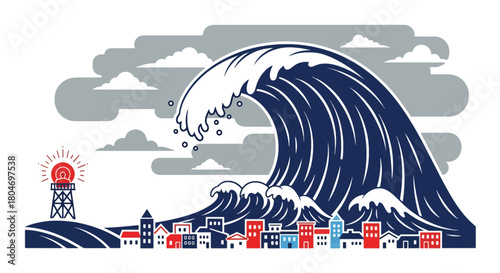 Flat vector giant tsunami wave approaching coastal town with alarm towers. Ideal for disaster education, shoreline safety guides, evacuation training, and environmental awareness