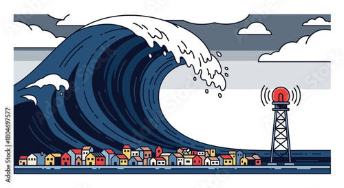 Flat vector giant tsunami wave approaching coastal town with alarm towers. Ideal for disaster education, shoreline safety guides, evacuation training, and environmental awareness