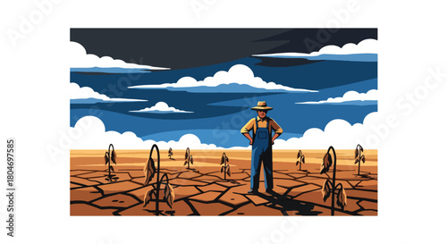 Flat vector drought scene with cracked earth and dried farmland under extreme heat. Ideal for climate change visuals, environmental studies, farming impact guides, and awareness content