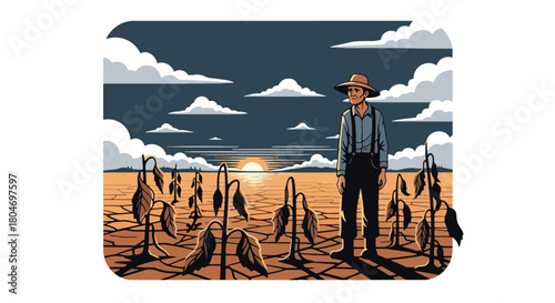 Flat vector drought scene with cracked earth and dried farmland under extreme heat. Ideal for climate change visuals, environmental studies, farming impact guides, and awareness content