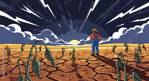 Flat vector drought scene with cracked earth and dried farmland under extreme heat. Ideal for climate change visuals, environmental studies, farming impact guides, and awareness content