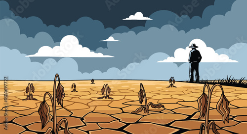 Flat vector drought scene with cracked earth and dried farmland under extreme heat. Ideal for climate change visuals, environmental studies, farming impact guides, and awareness content