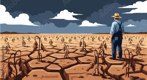 Flat vector drought scene with cracked earth and dried farmland under extreme heat. Ideal for climate change visuals, environmental studies, farming impact guides, and awareness content