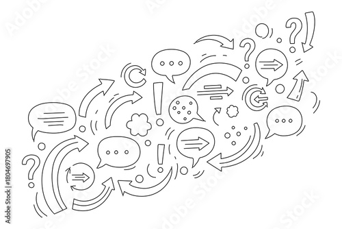 Collection of hand drawn doodle speech bubbles arrows question marks exclamation points and circular arrows representing communication ideas and questions