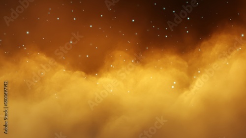 Dreamy orange and yellow atmospheric clouds with sparkling stars in a tranquil night sky for serene and surreal backgrounds