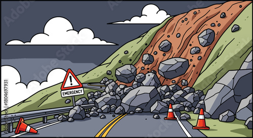 Flat vector landslide covering road as rocks slide down steep mountain slopes. Ideal for geology studies, disaster prevention guides, emergency training, and hazard awareness