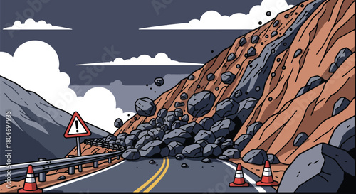 Flat vector landslide covering road as rocks slide down steep mountain slopes. Ideal for geology studies, disaster prevention guides, emergency training, and hazard awareness