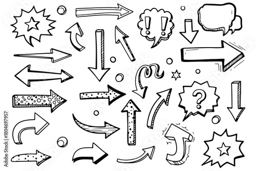 Collection of hand drawn doodle arrows and speech bubbles with symbols like question marks and exclamation points
