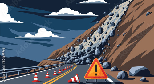 Flat vector landslide covering road as rocks slide down steep mountain slopes. Ideal for geology studies, disaster prevention guides, emergency training, and hazard awareness