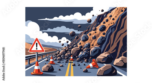 Flat vector landslide covering road as rocks slide down steep mountain slopes. Ideal for geology studies, disaster prevention guides, emergency training, and hazard awareness