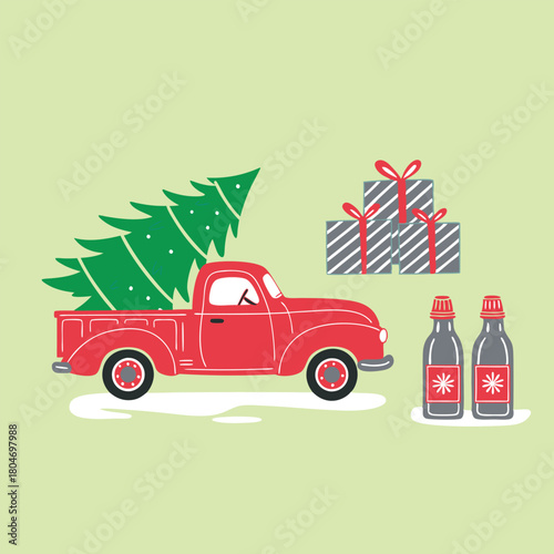 Set of colorful Charistmas red truck with gift boxs vector 