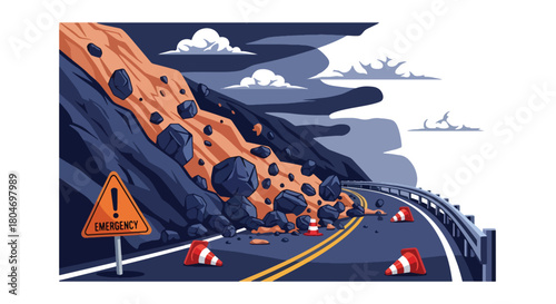Flat vector landslide covering road as rocks slide down steep mountain slopes. Ideal for geology studies, disaster prevention guides, emergency training, and hazard awareness