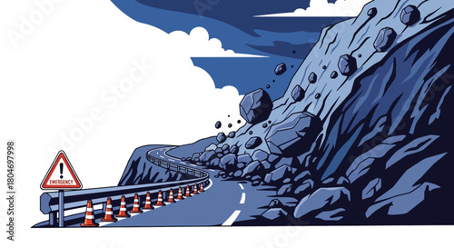 Flat vector landslide covering road as rocks slide down steep mountain slopes. Ideal for geology studies, disaster prevention guides, emergency training, and hazard awareness