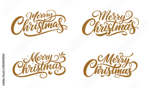 Four Merry Christmas Calligraphic Text Designs in Gold on White Background