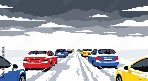 Flat vector blizzard scene with snow-covered roads and low visibility in a modern city. Ideal for winter weather alerts, safety guides, climate visuals, and educational materials
