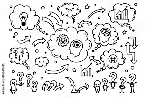 Collection of hand drawn doodle icons representing thoughts ideas problem solving and emotions in a black and white style
