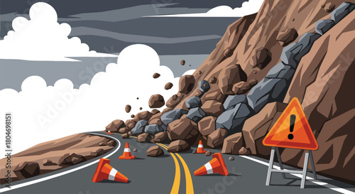 Flat vector landslide covering road as rocks slide down steep mountain slopes. Ideal for geology studies, disaster prevention guides, emergency training, and hazard awareness